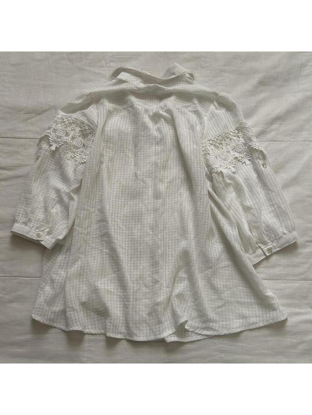 Axes Femme White Gingham Sheer Lace Ruffle Blouse Size M Japan